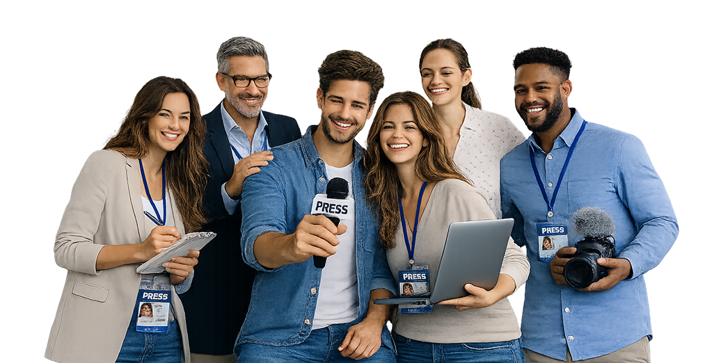 Journalists holding newspapers and microphones